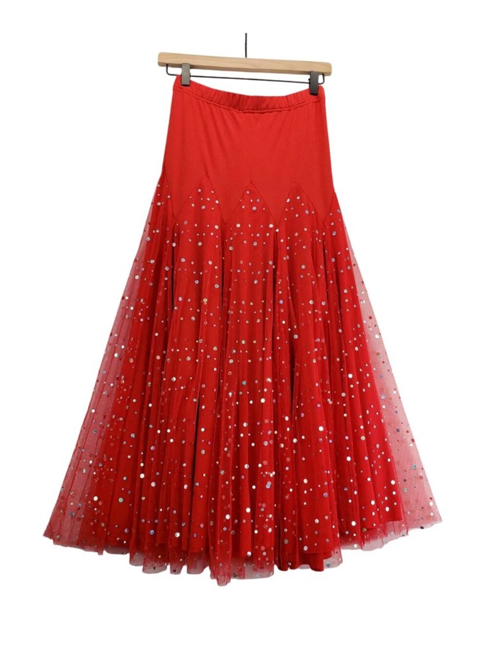 Red Sparkel Tulle Maxi Skirt 25" Elastic Waist XS/S Mesh Overlay Shimmer Dance